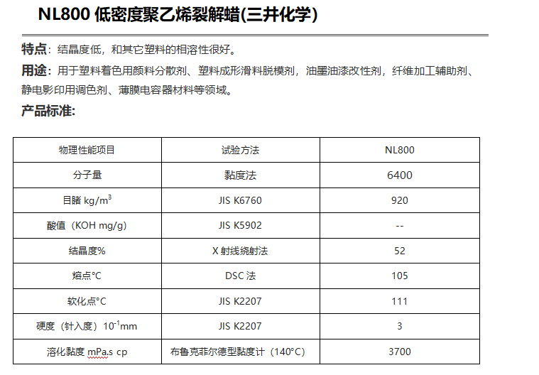 三井HI-WAX NL800低密度聚乙烯裂解蜡（ PE蜡NL800）